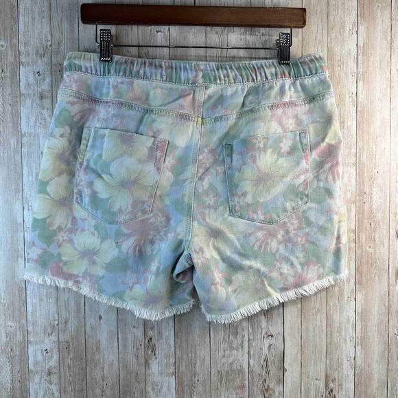 Aerie Denim Shorts Women M Pastel Blue Tropical Floral Elastic Waist Drawstring - Picture 2 of 7